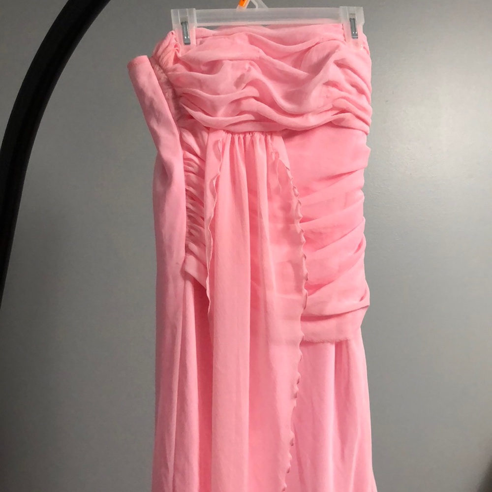 Strapless light pink ruffle maxi dress